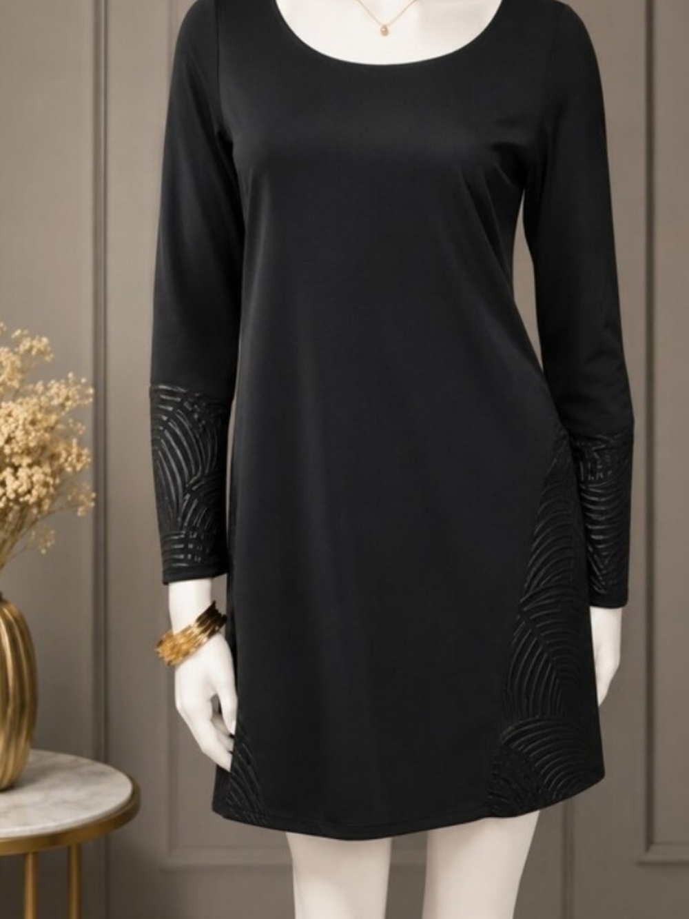 Tavik Black Long Sleeve Shift Dress Boho Swimsuit Cover Up Textured Cuff Tunic M